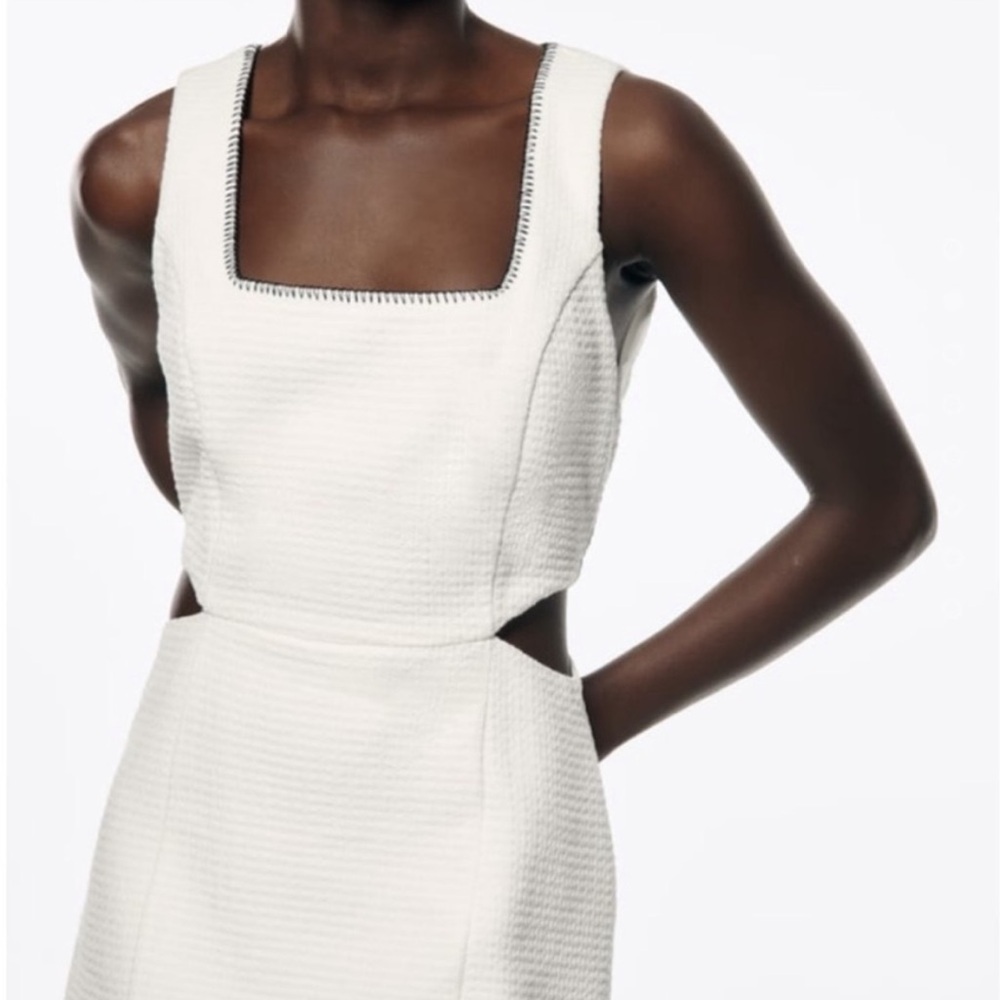 Zara Ivory Textured Mini Dress with Square Neck